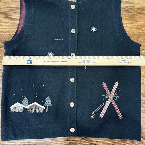 VTG 90s Woolrich Winter Scene Vest Womens L Black Cottage Primitive Barn Snow - Picture 7 of 8